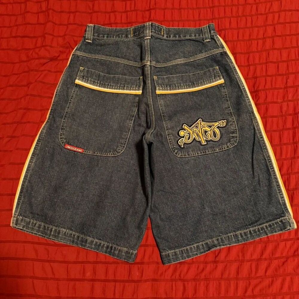 Rare Vintage 90s JNCO jeans Dark Navy Blue And Yellow Striped Jorts